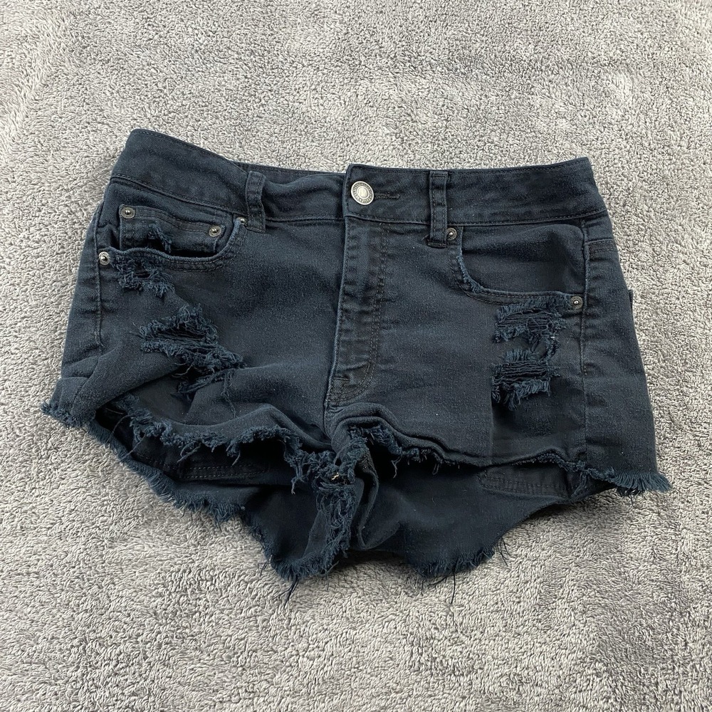 American Eagle Stretch Jean Shorts 8 Blackโ Distressed Frayed Hem Mid Rise